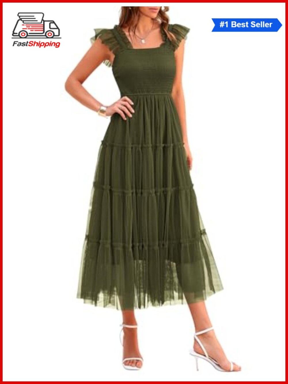✨PRETTYGARDEN Women's Summer Smocked Midi Tulle Dress